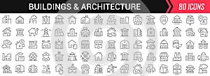 Buildings and architecture linear icons in black. Big UI icons collection in a flat design. Thin outline signs pack. Big set of