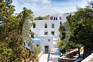 The buildings around the cave of the Apocalypse of Saint John in Patmos island, Dodecanese, Greece