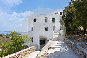 The buildings around the cave of the Apocalypse of Saint John in Patmos island, Dodecanese, Greece
