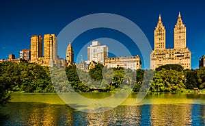 Buildings in the Central Park West Historic District and The Lake at Central Park, Manhattan, New York.