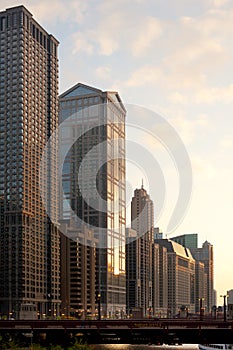 Buildings at Chicago river shore and bridge of Wabash Avenue