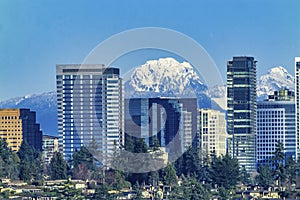 Buildings City Center Snow Capped Mountains Bellevue Washington