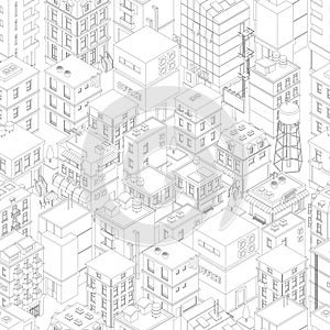 Buildings city seamless pattern. Isometric top view. Vector town city street outline. Gray lines contour style background. Highly