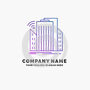 Buildings, city, sensor, smart, urban Purple Business Logo Template. Place for Tagline