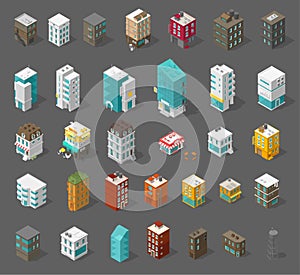 Buildings city set. Isometric top view. Separate vector town houses. Shop street cafe, offices and bank, residential