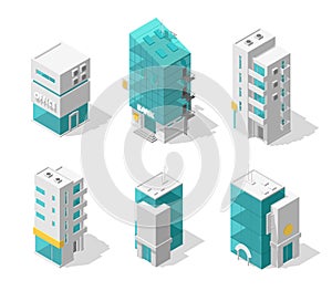 Buildings city set. Isometric top view. Separate vector town houses. Shop street cafe, offices and bank, residential buildings are