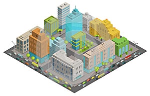 Buildings city streets quarter roads and traffic isometric 3d vector illustration City landscape, top view.