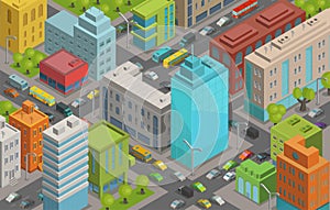 Buildings city streets roads and traffic isometric 3d vector illustration City landscape, top view.