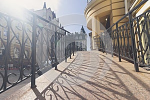 Buildings in the classical style and railings in the foreground