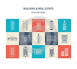 Buildings colorful and thin line icons