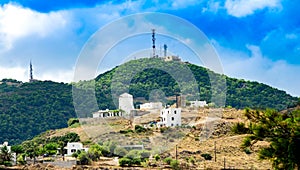 Buildings and communication antenna towers in Skyros island.Sporades,Greece