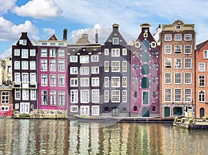 Buildings on Damrak canal, Amsterdam architecture, Netherlands