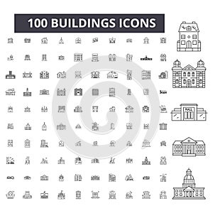 Buildings editable line icons, 100 vector set, collection. Buildings black outline illustrations, signs, symbols