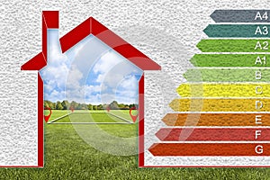Buildings energy efficiency concept with home covered with polystyrene and energy classes according to the new European law with