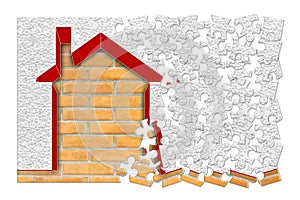 Buildings energy efficiency concept image - 3D render home thermally insulated with polystyrene walls - concept in jigsaw puzzle