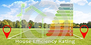 Buildings energy efficiency and Rating with energy certification classes according to the European law called Energy Performance photo