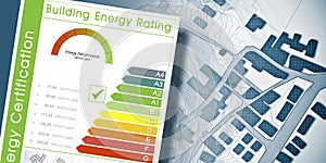 Buildings energy efficiency and rating concept with energy certification classes according to the new European law photo