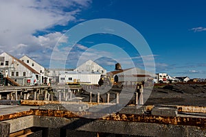 Buildings and equipment at a salmon cannery on Bristol Bay