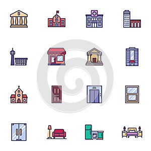 Buildings exterior filled outline icons set