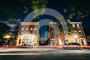 Buildings on Fairfax Street at night, in the Old Town of Alexandria, Virginia.