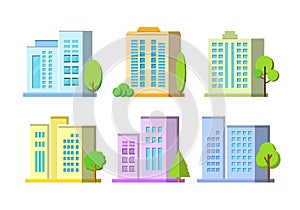 Buildings Flat Vector Icons set, Architecture vector on white background, Colorful company and tree, Modern construction colection