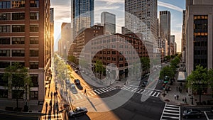 The buildings have a grid like pattern of windows reflecting