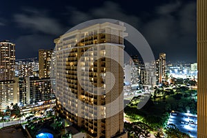 The buildings of Honolulu, Hawaii, lit up at night