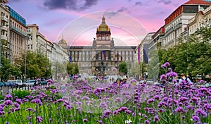 Buildings and houses in the historical center of Prague. Wenceslas Square and the National Museum of the Neorenaissance in Prague photo