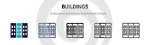 Buildings icon in filled, thin line, outline and stroke style. Vector illustration of two colored and black buildings vector icons