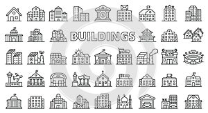 Buildings icons line design. House, city, architecture, cityscape, office, bank, hospital, store, factory, home vector