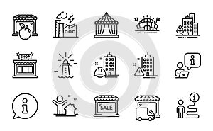 Buildings icons set. Included icon as Lighthouse, Building warning, Delivery truck. Vector