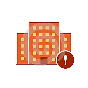 Buildings icons vector with exclamation mark. Urban estate icon and alert, error, alarm, danger symbol