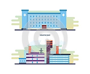 Buildings of an industrial plant, medical center, resource work, laboratory.