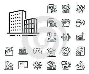 Buildings line icon. City architecture sign. Skyscraper building. Floor plan, stairs and lounge room. Vector