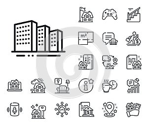 Buildings line icon. City architecture sign. Skyscraper building. Floor plan, stairs and lounge room. Vector