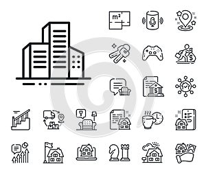 Buildings line icon. City architecture sign. Skyscraper building. Floor plan, stairs and lounge room. Vector