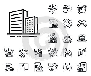 Buildings line icon. City architecture sign. Skyscraper building. Floor plan, stairs and lounge room. Vector