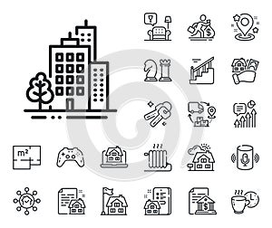 Buildings line icon. City architecture with tree sign. Skyscraper building. Floor plan, stairs and lounge room. Vector