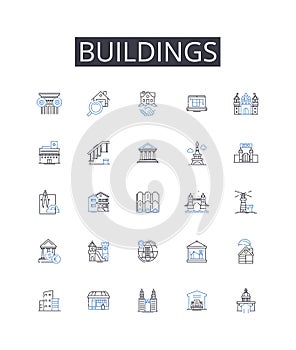 Buildings line icons collection. Houses, Towers, Structures, Edifices, Skyscrapers, Residences, Apartments vector and