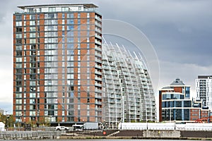 Buildings at Manchester ship canal and Salford dock area in the UK photo
