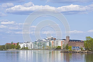 Buildings near lake shore