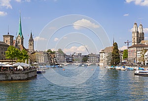 Buildings of the old town of the city of Zurich along the Limmat river