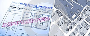 Buildings Permit concept with imaginary cadastral map - building activity and construction industry concept