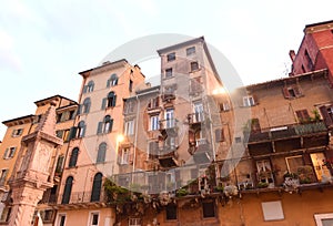 Buildings at Piazza delle erbe Market square in Verona, Italy.