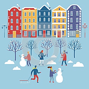 Buildings and playing children winter set