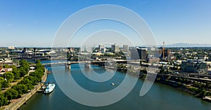 Buildings in Portland Oregon along the Willamette River, drone photo