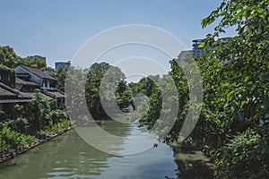 Buildings by river in Hangzhou, China