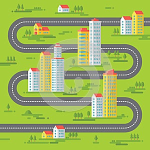 Buildings and road - vector background illustration in flat style design. Buildings on green background.