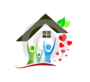 Buildings roof of house Home people logo real estate construction residential symbol with Flying hearts green leaf vector.