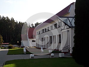 Buildings of a sanatorium in a pine forest in Belarus.